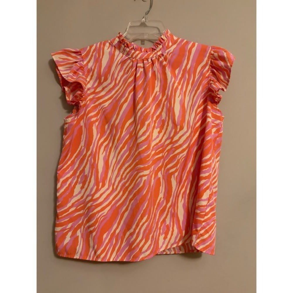 VOY Zebra Print Top Womens Medium Orange Pink Ruffle Neck Flutter Sleeve Tie